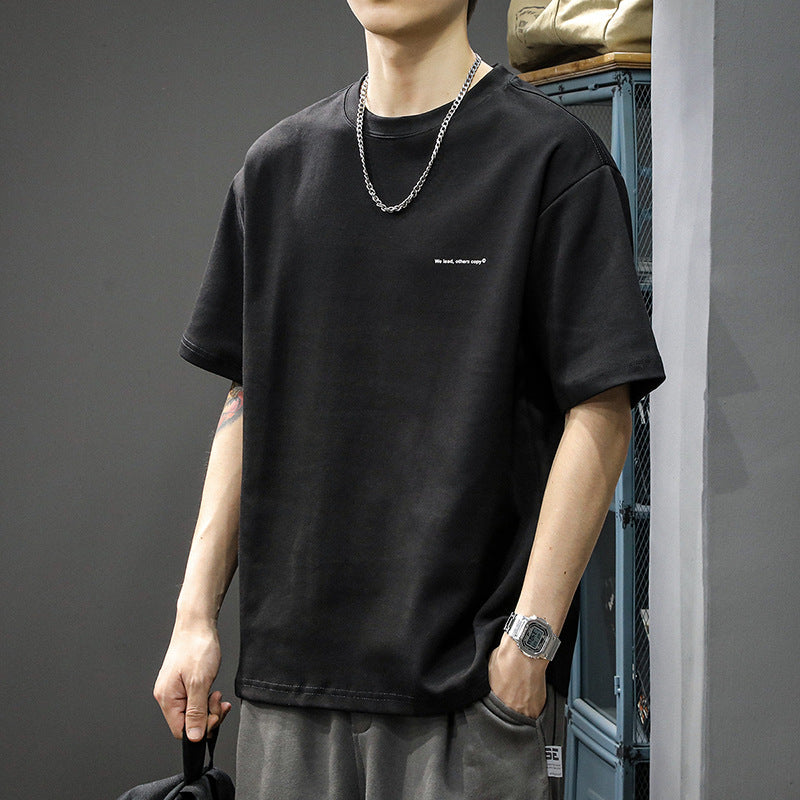 Heavy short-sleeved T-shirt men's top clothes summer new American cotton brand bottom white loose half-sleeve T-shirt