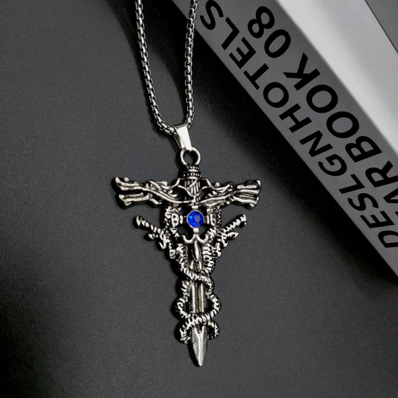 European and American retro double dragon cross pendant foreign trade accessories fashion trendy brand personality titanium steel necklace men do not fade