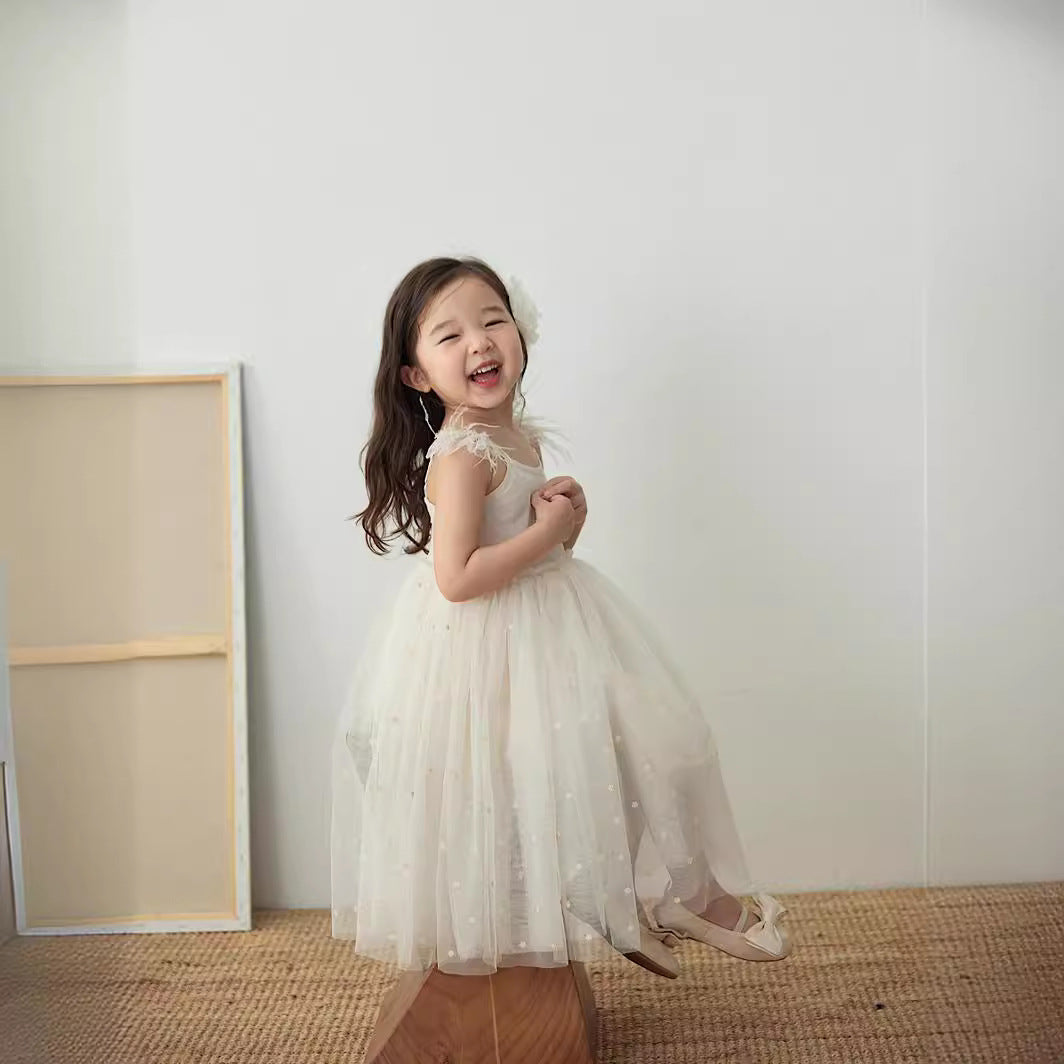 24 girls summer new dress heavy industry feather embroidery mesh skirt high quality dress skirt sundress