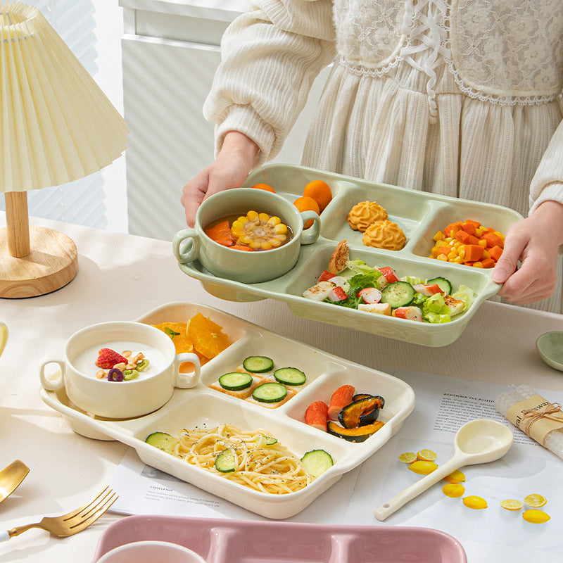 High-value simple cream-style breakfast plate creative light luxury fat reduction color glaze ceramic ceramic tableware compartment dinner plate