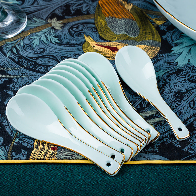 Jingdezhen household ceramic soup spoon, long handle, large spoon, small spoon, spoon, spoon, ceramic chopsticks, anti-slip and mildew-proof wholesale, optional