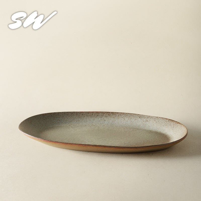 Sanmist Vintage Flat Plate Ceramic Oval Plate Creative Home Premium Vegetable Plate Fish Plate Restaurant Steak Tableware