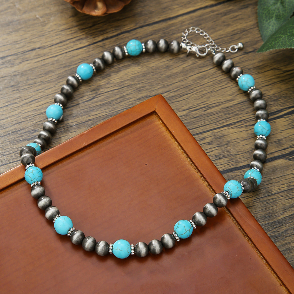 Cross-border new men's turquoise necklace surf punk necklace European and American unique necklace niche design hip hop necklace