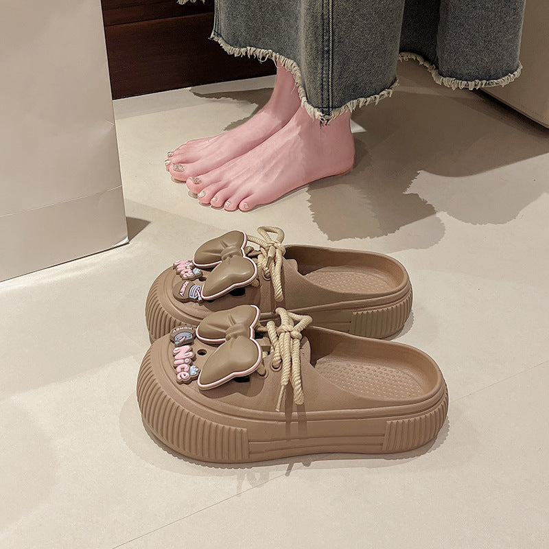 Cute bow lace hole shoes female summer students wear heightened thick-soled toe non-slip sandals indoors and outdoors