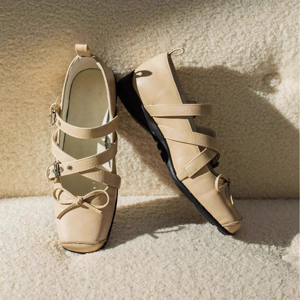 Cowhide version cross belt buckle casual sports sole ballet shoes women's flat pignose bow Mary Jane single shoes