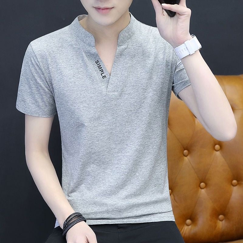 Summer men's V-neck short-sleeved T-shirt, ice elastic base shirt, solid color, European and American simple slim small stand-up collar versatile shirt