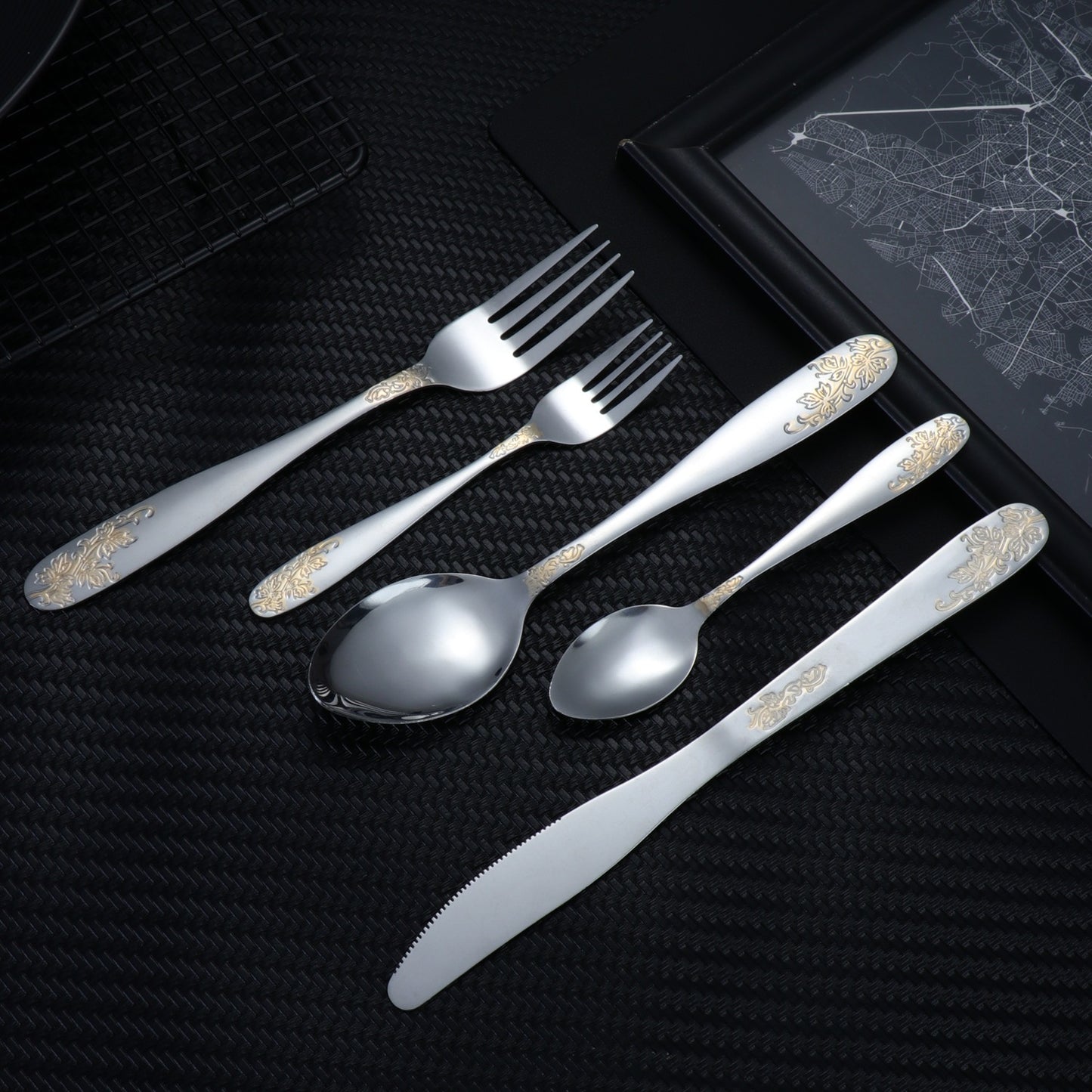 Amazon AliExpress cross-border hot selling morning glory series stainless steel tableware gold-plated knife, fork and spoon set food grade
