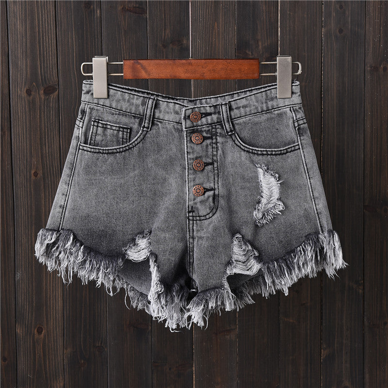 2023 Smoke Gray Ripped Breasted Denim Shorts Women's Summer mm Plus Size Skinny Wide-leg Pants Beggar's AA Hot Pants Raw Edges