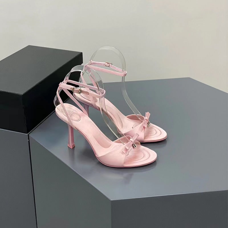 French satin high heels sandals women's summer 2023 new niche high-end sense of one line with thin heel open-toe sandals women