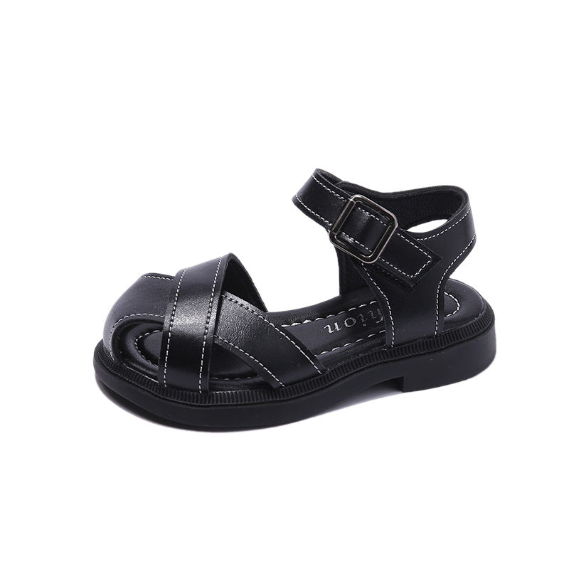 Children's Sandals 2024 Summer New Girls' Toe Soft Sole Sandals Korean Version Girls' Solid Color Flat Fashion Beach Shoes