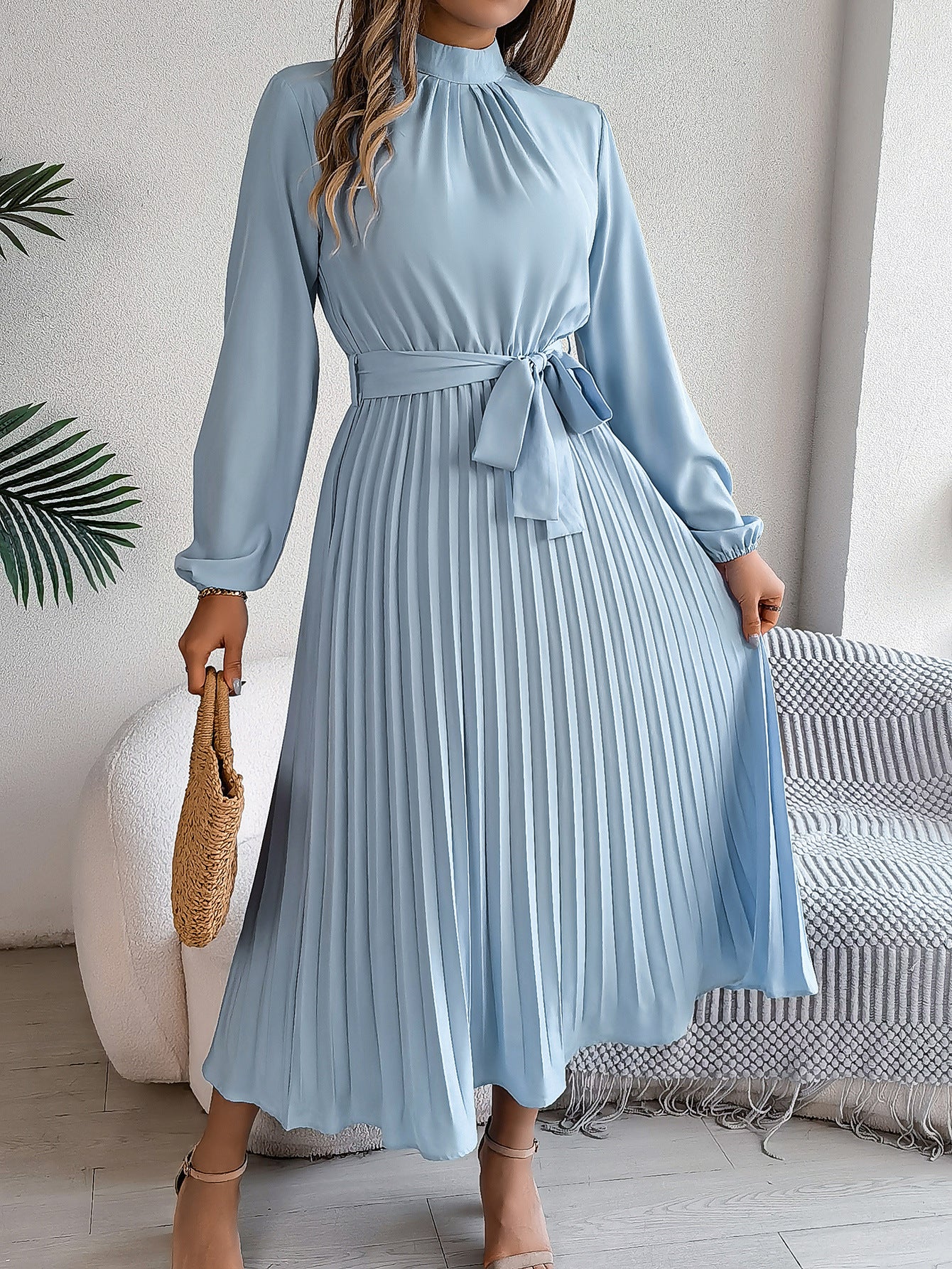 2024 Europe and the United States Fall/Winter Elegant Stand-up Collar Long Sleeve Cinched Waist Pleated Long Skirt Small Dress Amazon Cross-border Women's Wear