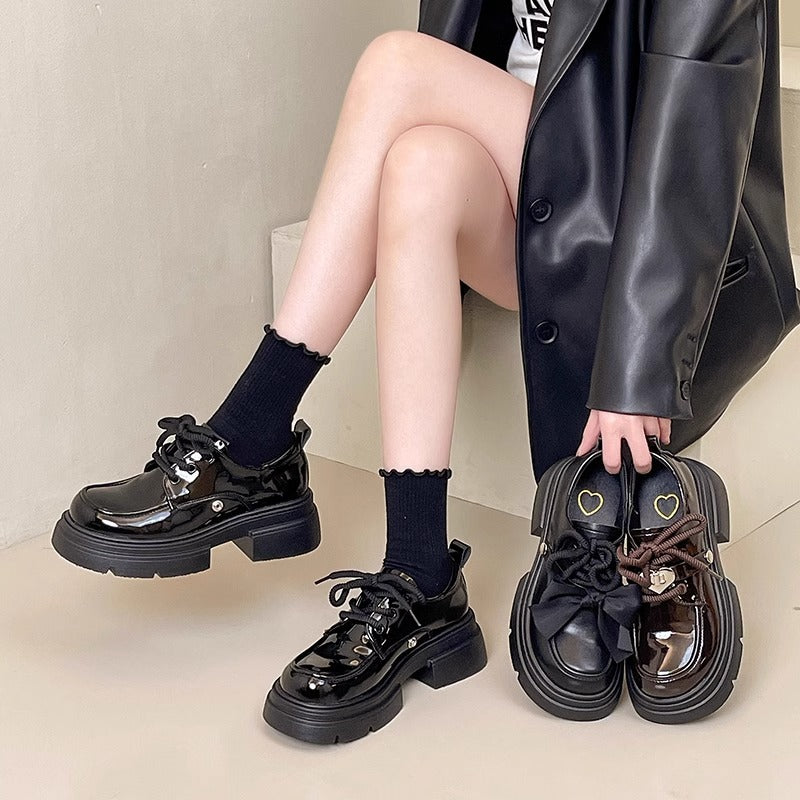 Small leather shoes women's wholesale new spring and autumn style bow retro British style platform sole heightened Mary Jane loafers