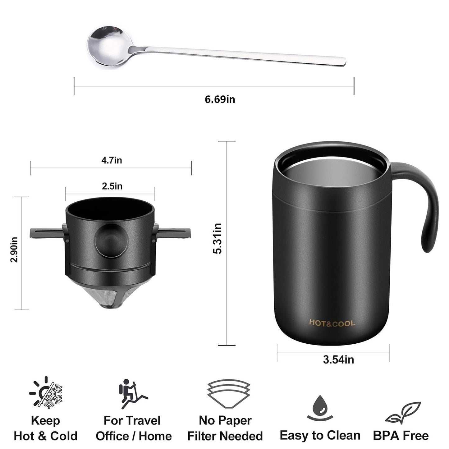 Stainless steel outdoor pour-over coffee mug insulated coffee mug portable folding drip coffee brewing filter set