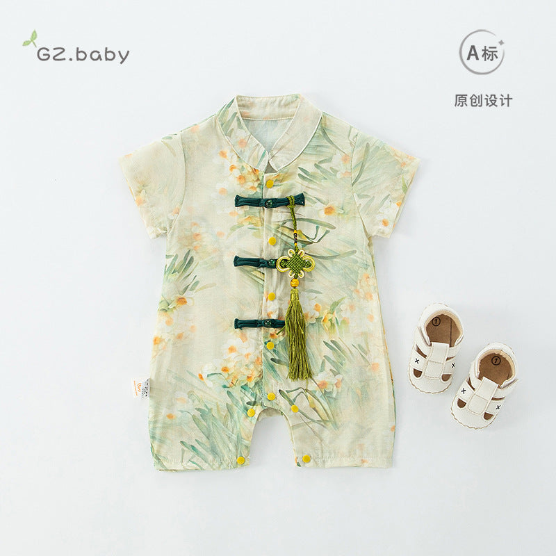Baby clothes, summer clothes, one-piece clothes, thin clothes, crawling clothes, baby boys, Chinese style, full moon, Hanfu, send Chinese knots