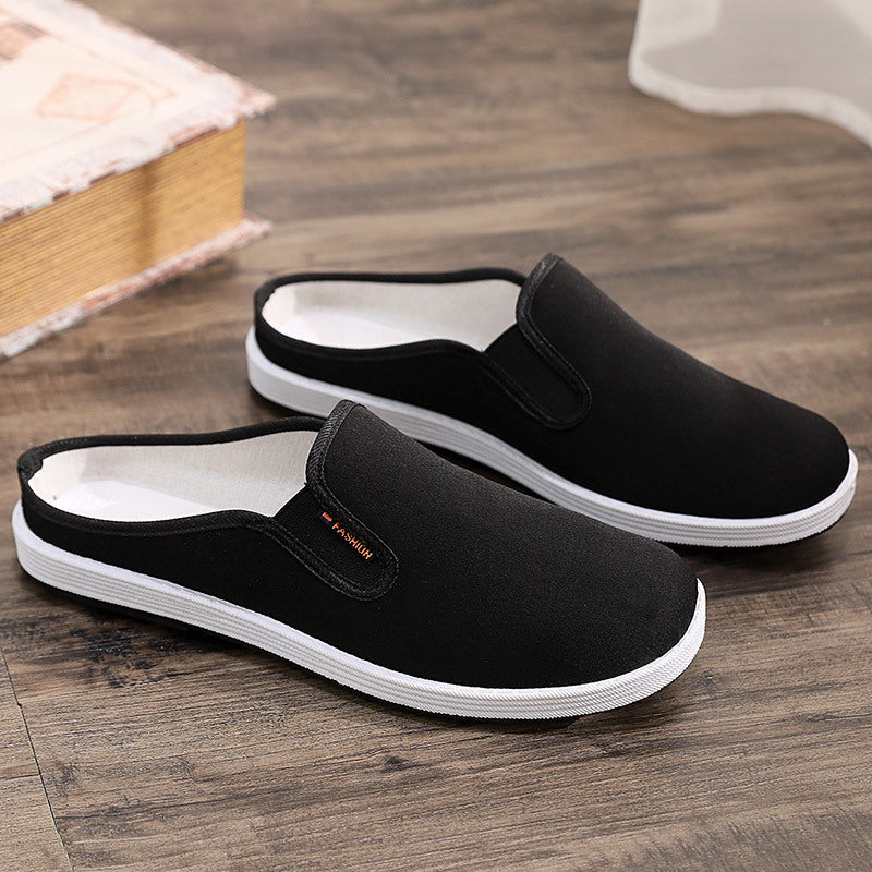 Old Beijing cloth slippers men's casual breathable and comfortable soft-soled canvas shoes, one-footed heelless toe toe half-support men's shoes