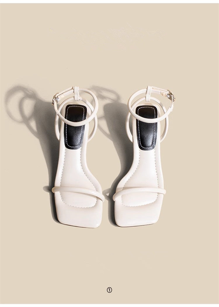 2024 New White French High Heels, Stiletto Heels, Square Toe, Open Toe, Slotted Sandals, Women's Summer