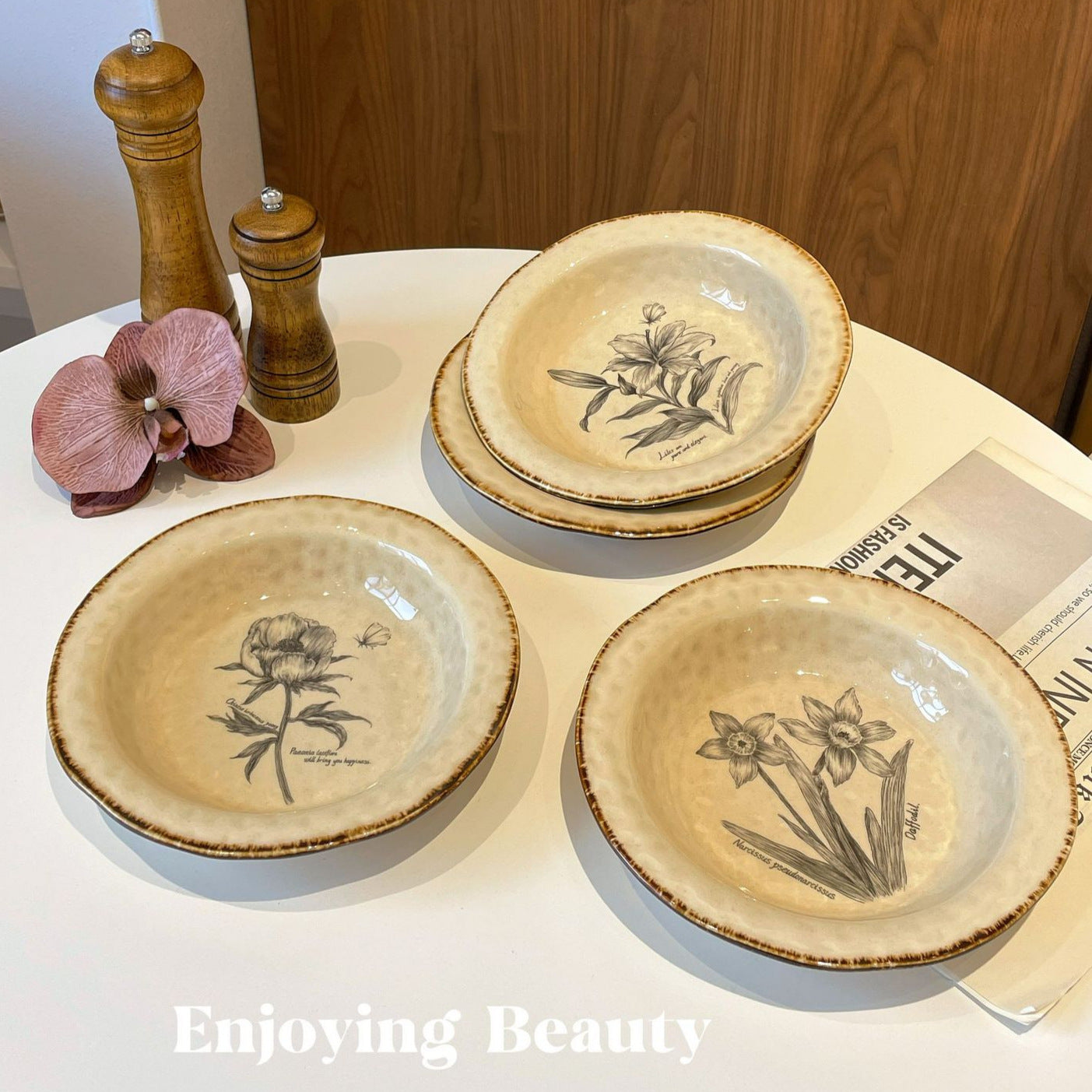 Japanese straw hat plate, vintage floral deep dish, pasta plate, Western food plate, creative plate, vegetable plate, salad plate, dessert plate