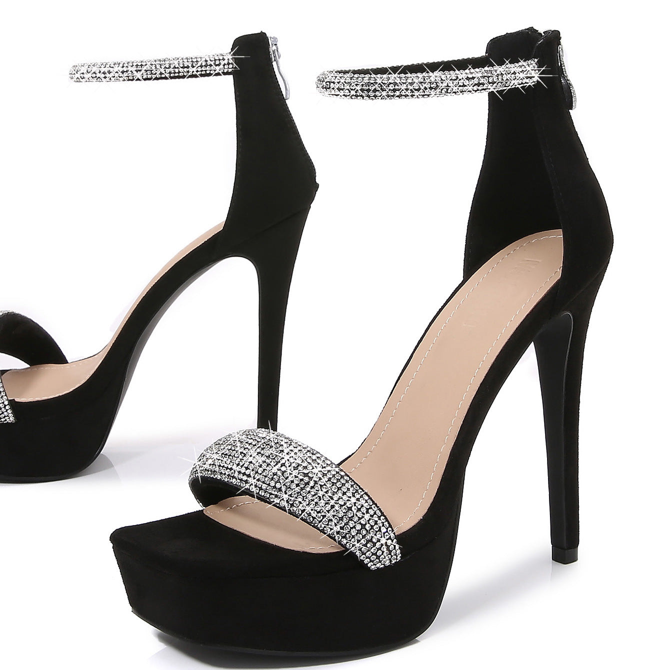 2022 new large size square toe rhinestone bag heel stiletto heel high heels women's independent station with European and American fashion sandals