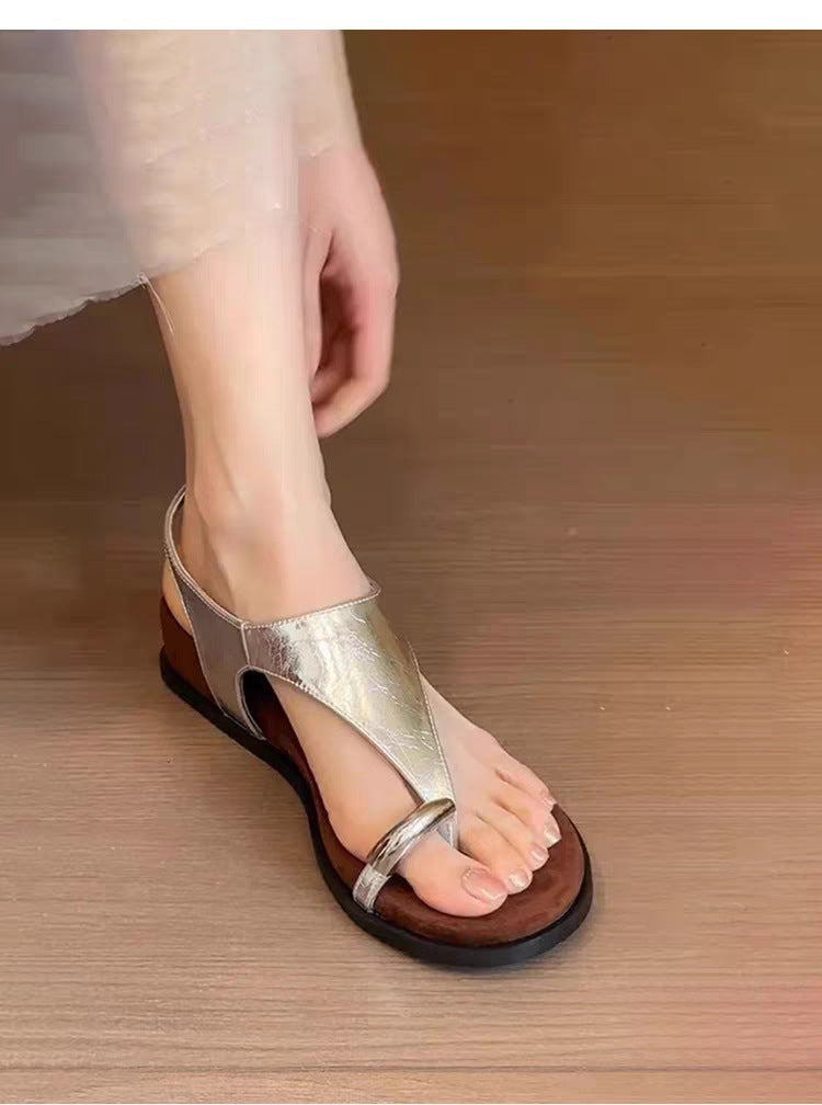 Sheepskin version ~ French niche metal buckle pullover toe sandals, women's fairy style open toe leather soft soles, comfortable Roman shoes