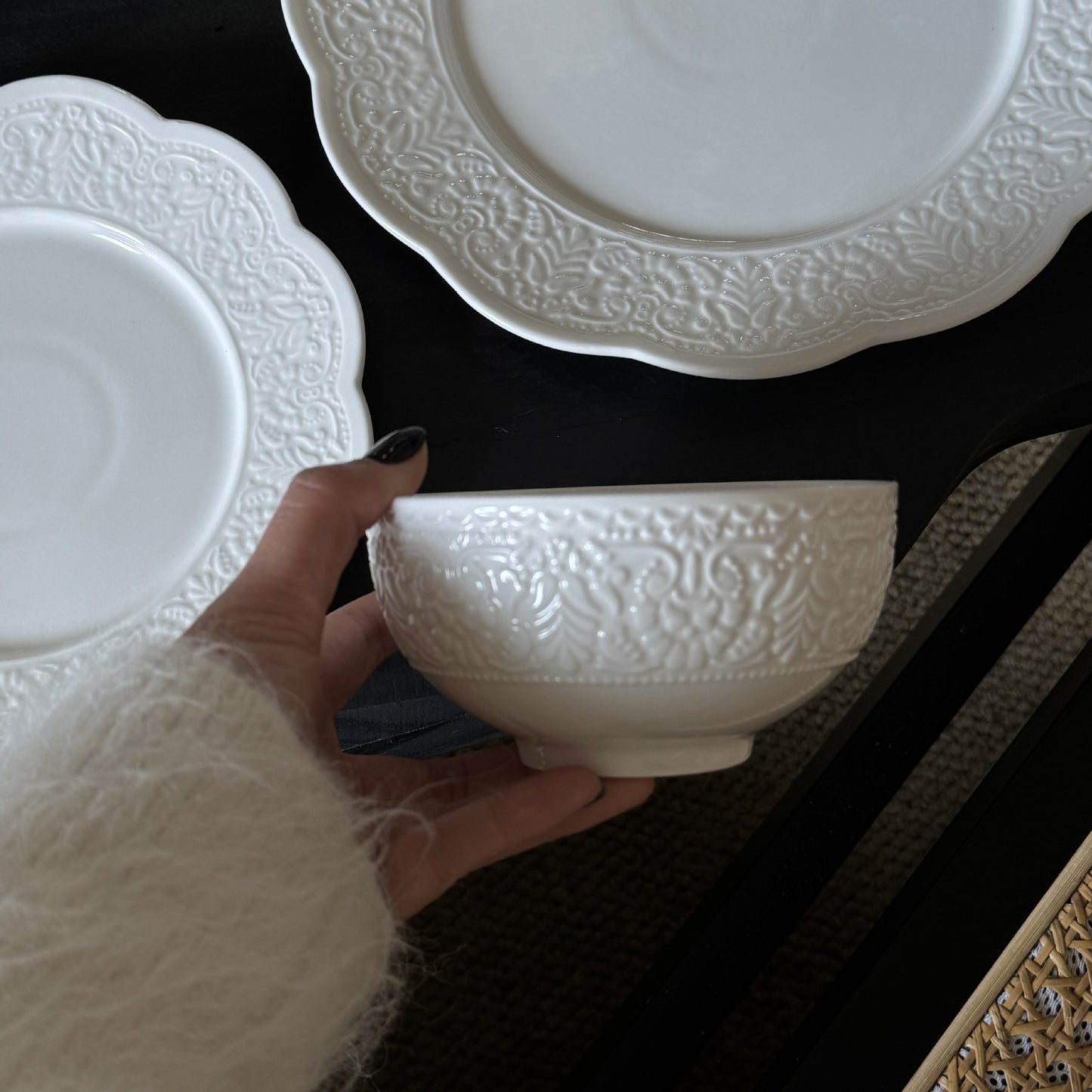 French vintage petal edge embossed ceramic pure white tableware dessert breakfast salad dinner plate coffee cup saucer