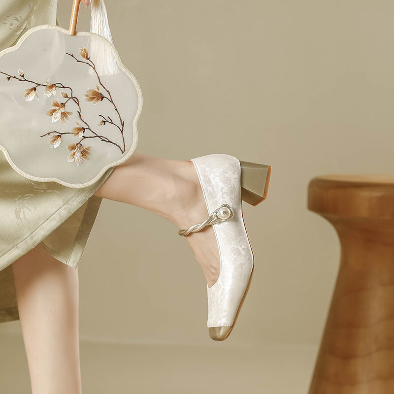Light national style, new Chinese high-heeled shoes, retro with cheongsam, Mary Jane, square toe, gentle block heels, shallow spring tea