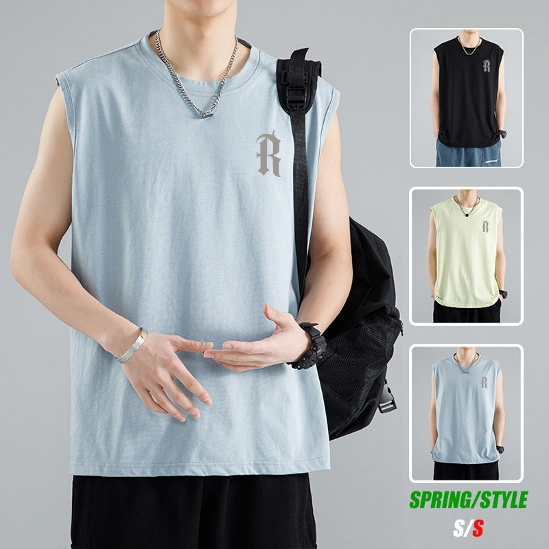 Sleeveless T-shirt men's summer thin ice fashion brand athleisure shoulder vest fashion versatile loose top