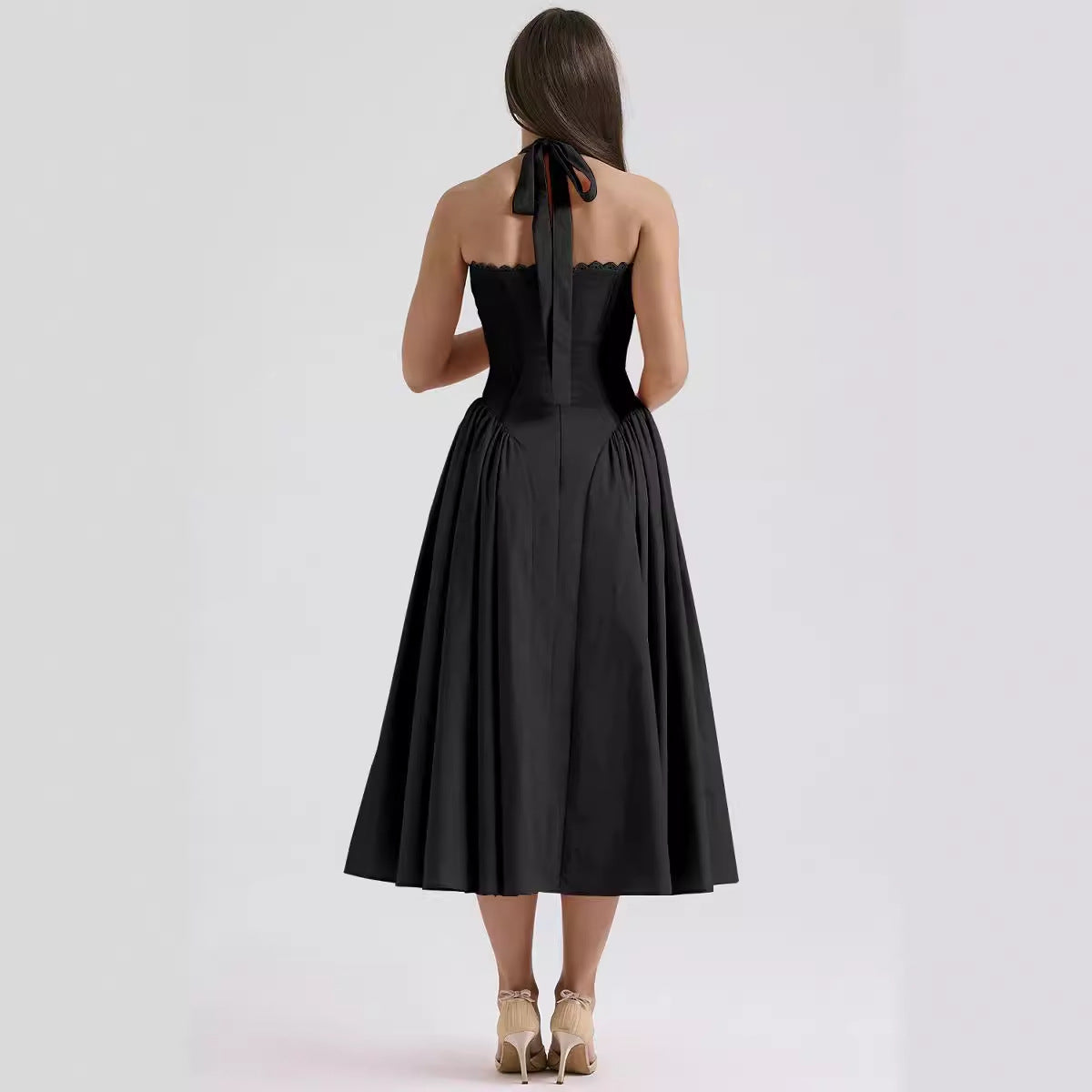 2025 New Summer Slim Slip Long Skirt European and American style fashion print halterneck lace dress