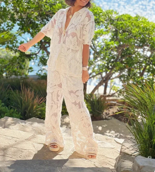 European and American cross-border 2024 new lapel cut-out loose top, straight trouser suit, casual fashion temperament