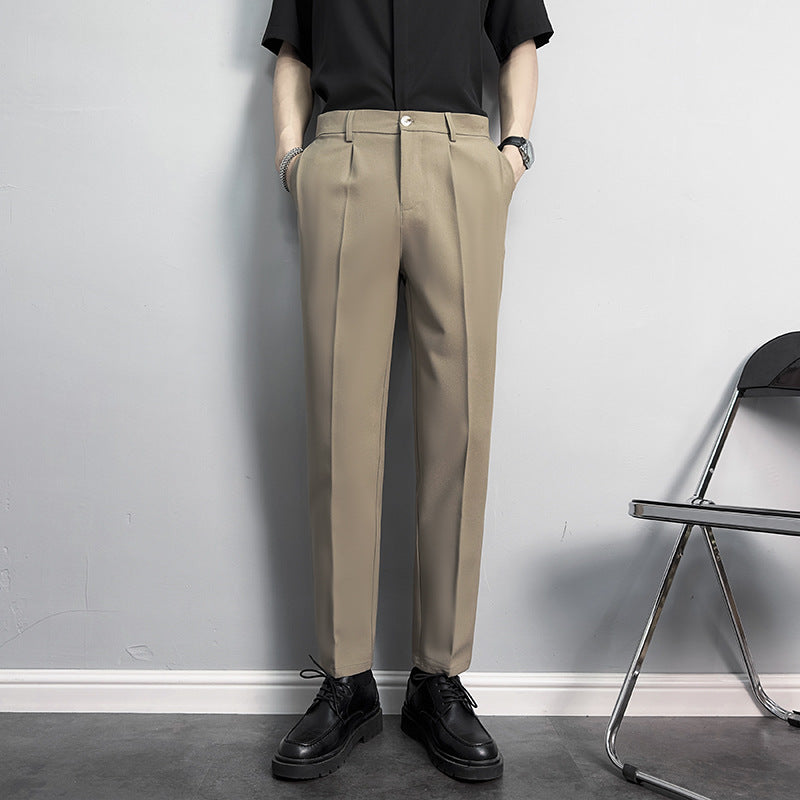 Slim fit, straight, anti-wrinkle suit trousers, men's non-iron, business casual pants, high-end drape, black cropped trousers
