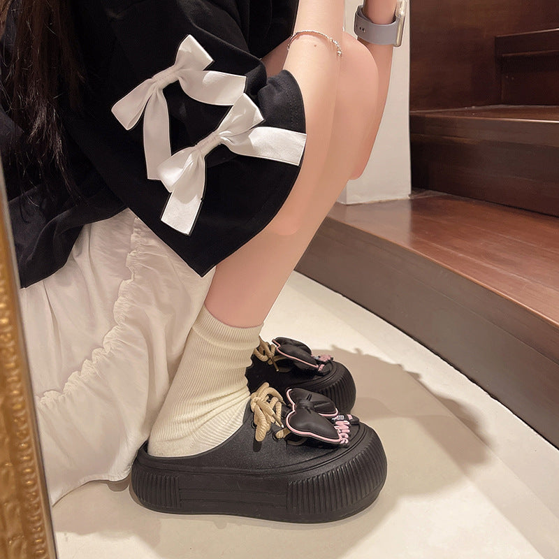 Cute bow lace hole shoes female summer students wear heightened thick-soled toe non-slip sandals indoors and outdoors