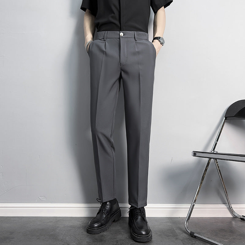 Slim fit, straight, anti-wrinkle suit trousers, men's non-iron, business casual pants, high-end drape, black cropped trousers