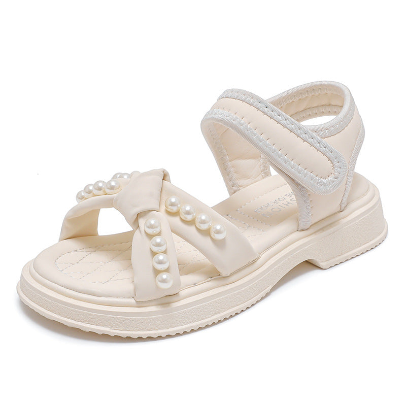 Girls' shoes 2025 summer new children's sandals soft soles pearl little girls princess shoes middle and big kids beach shoes