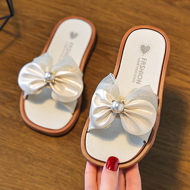 Girls' slippers, pearl bows, versatile, summer new non-slip indoor and outdoor princesses, children's soft-soled beach sandals