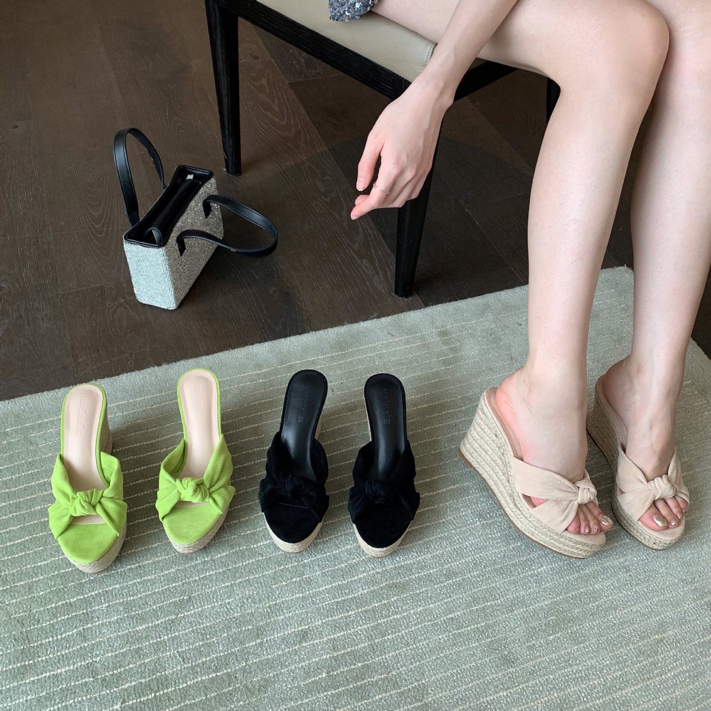 Wedge sandals, woven hemp rope, versatile, suede, solid color strap, stitched slippers women