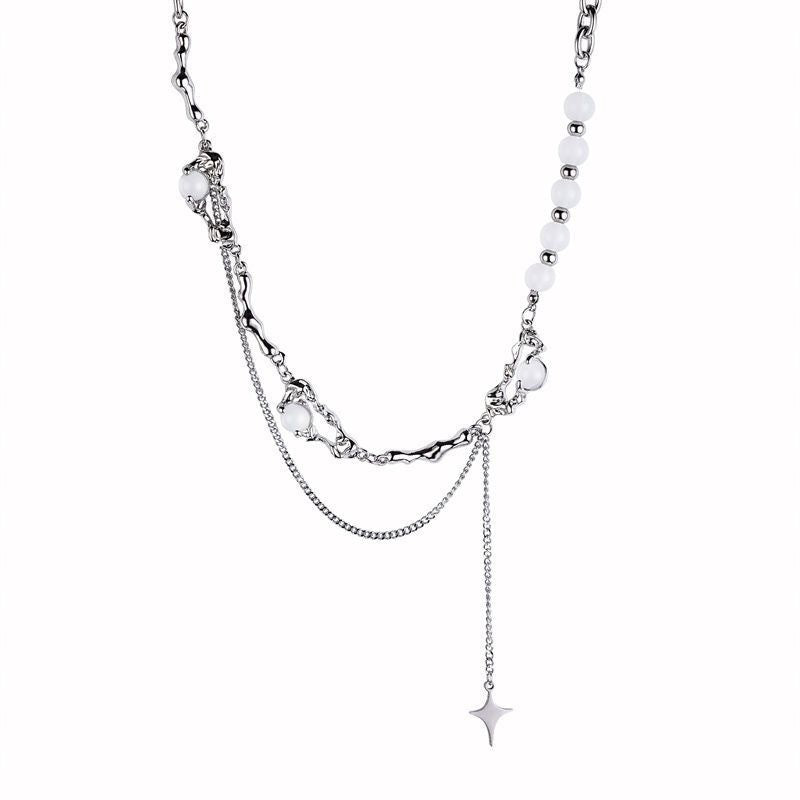 Niche design, high-quality opal, beaded splicing, tassels, four-pointed star necklace, women's light luxury, men's clavicle chain