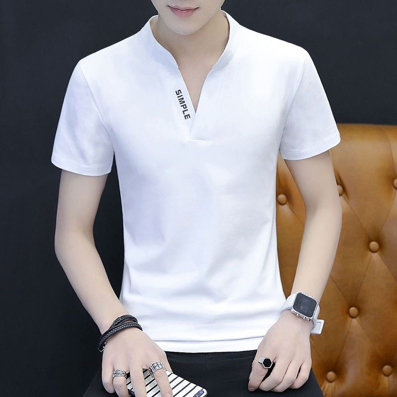 Summer men's V-neck short-sleeved T-shirt, ice elastic base shirt, solid color, European and American simple slim small stand-up collar versatile shirt