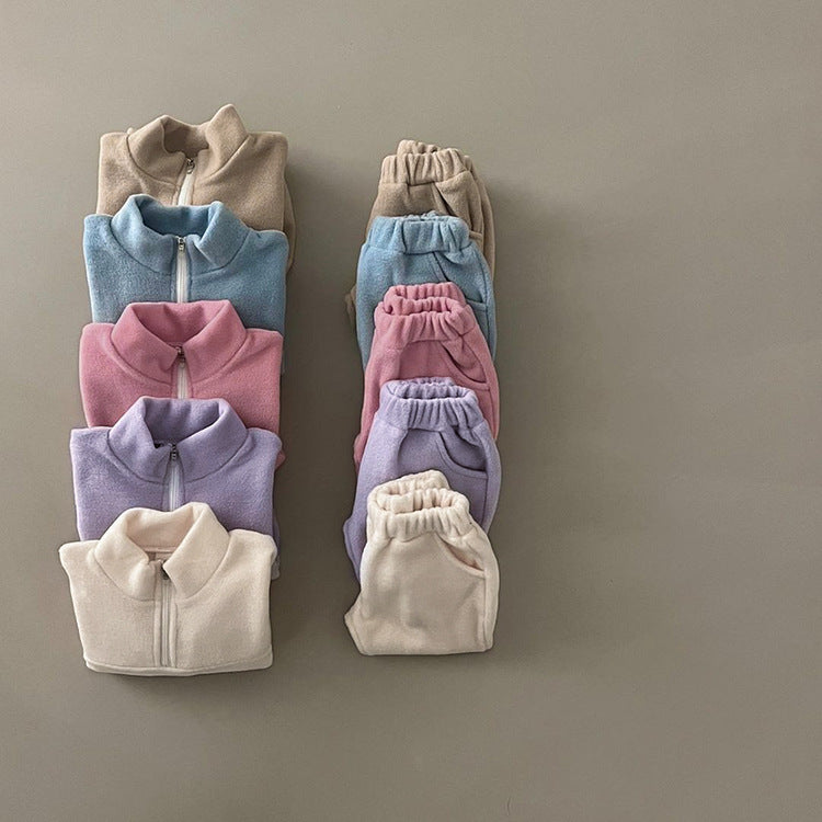 2025 Fall/Winter Baby Double-Sided Fleece Stand Collar Sports Set Baby Fleece Set Baby Wear Two-Piece Outer Set