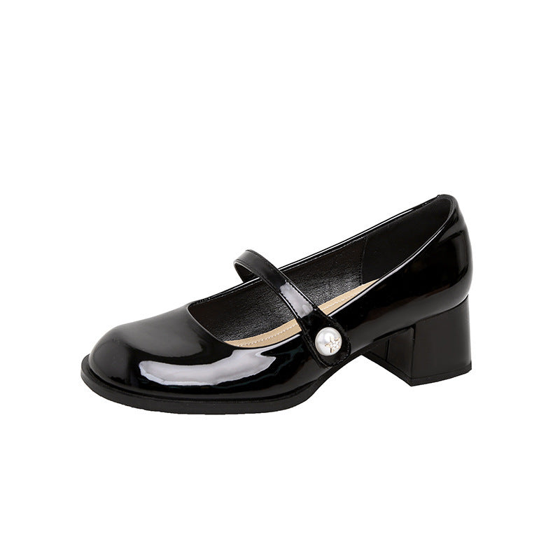 Su Yinyin's Barbie ~ Korean round toe pearl red block heel single shoes Mary Jane shoes women's small leather shoes
