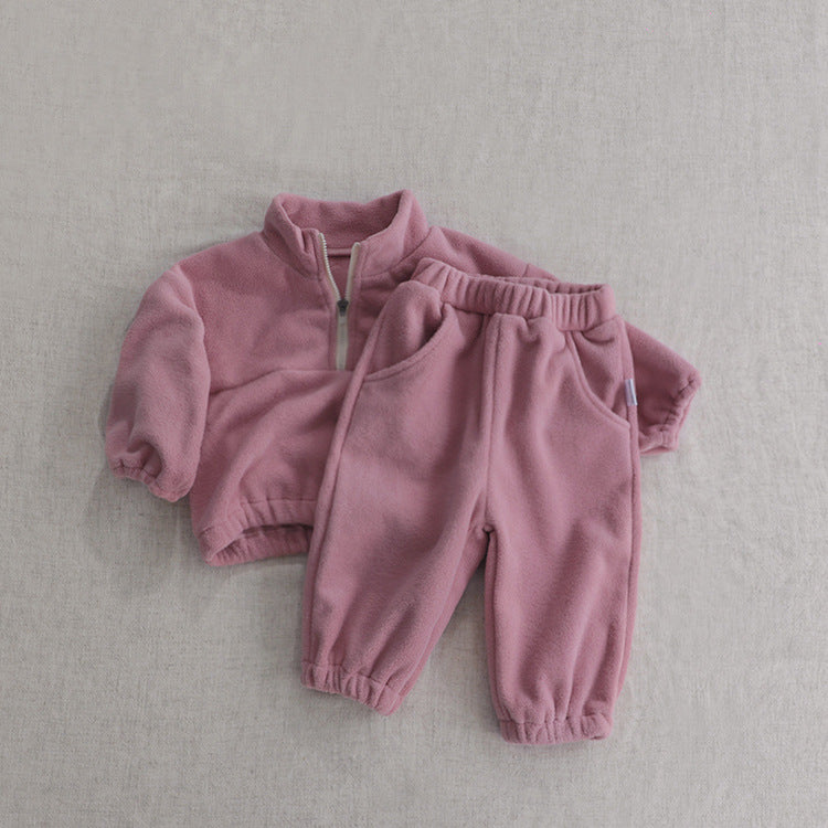 2025 Fall/Winter Baby Double-Sided Fleece Stand Collar Sports Set Baby Fleece Set Baby Wear Two-Piece Outer Set