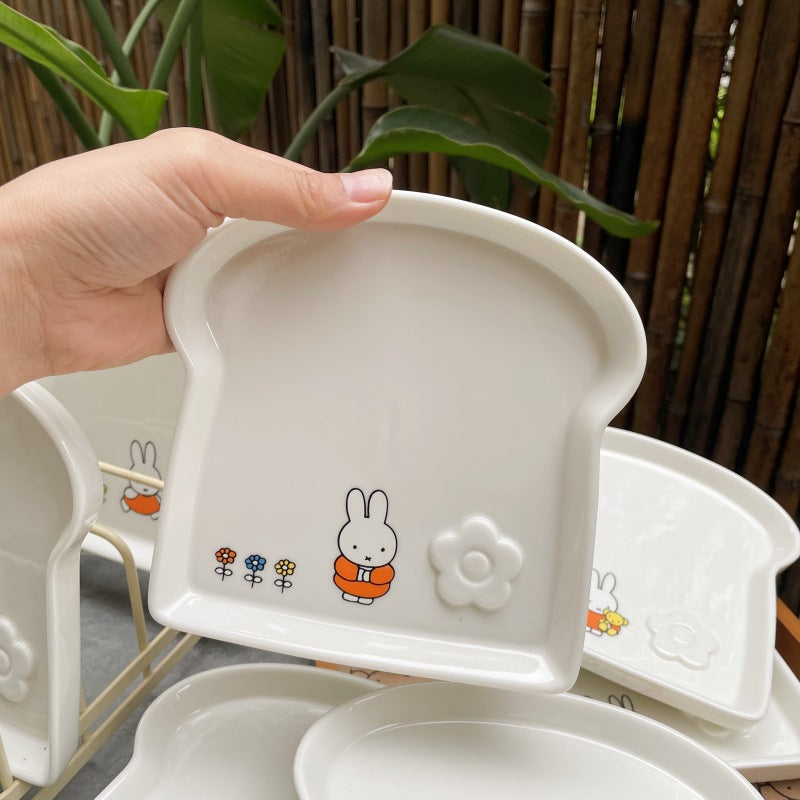 Soft and cute healing Miffy rabbit toast plate, cute rabbit toast shape ceramic plate, small flower flower Japanese dessert plate