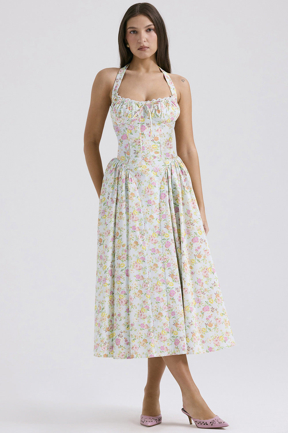 2025 New Summer Slim Slip Long Skirt European and American style fashion print halterneck lace dress