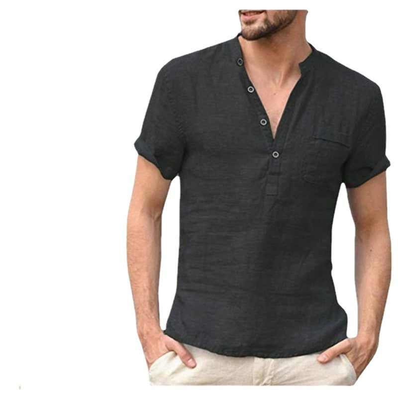 European and American hot sale men's solid color stand-up collar semi-open thin short-sleeved shirt tops foreign trade men's clothing