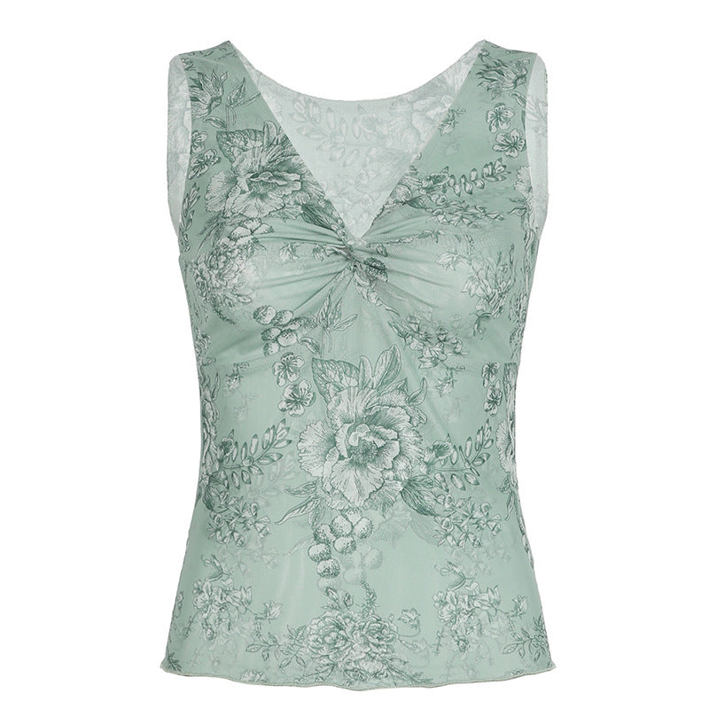 2024 summer new European and American small fresh retro print contrast twist V-neck slim sleeveless mesh small vest