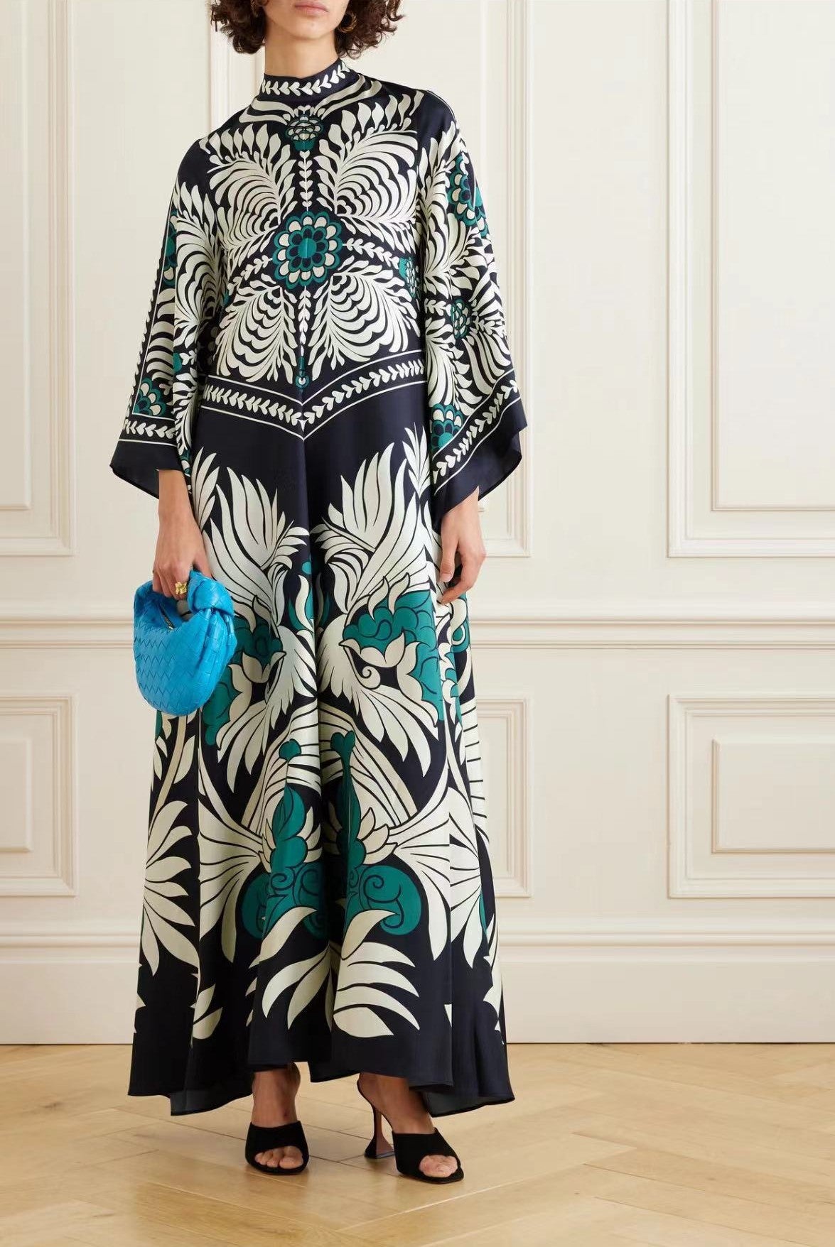 Cross-border foreign trade independent station Amazon Europe and the United States new summer print three-quarter sleeve stand-up collar dress