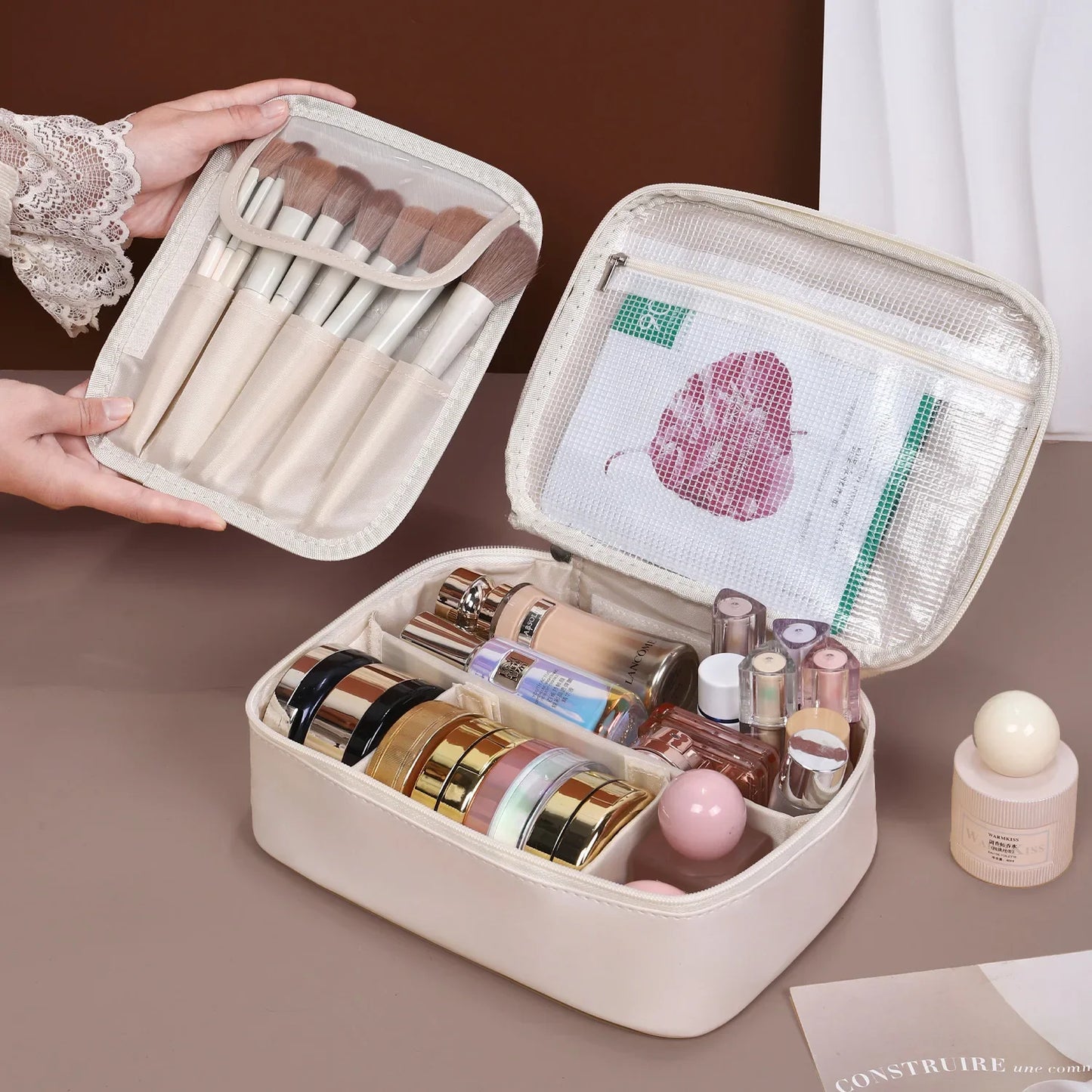 PU waterproof cosmetic bag partition layered three-dimensional non-collapse female large-capacity storage bag portable toiletry bag one batch