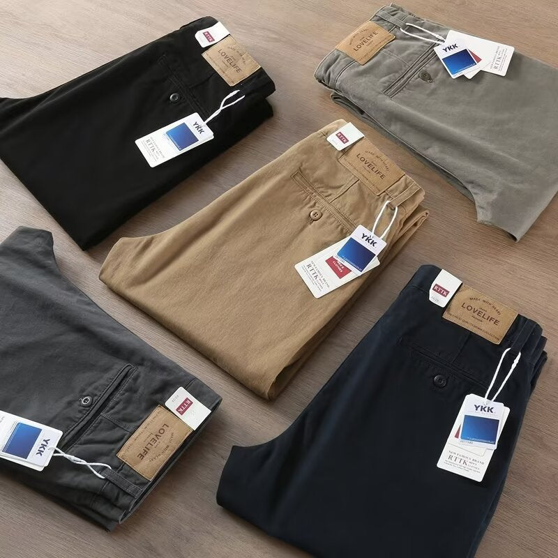 Thick heavy casual trousers men's spring and autumn cotton slim small straight pants American stiff wash men's pants tide