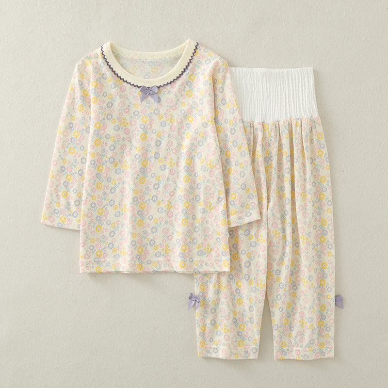 Baby long sleeve suit, cotton summer thin girl air conditioning suit, two-piece high waist belly protection baby loungewear pajamas