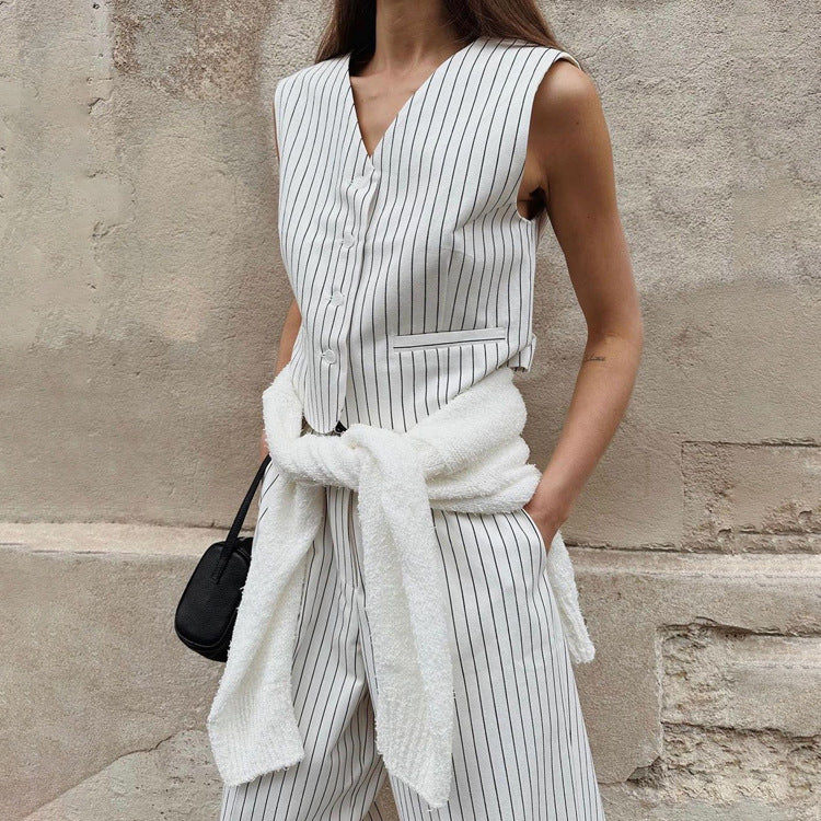 Amazon Hot Sale 2024 New Striped Vest Trouser Set Summer Women's Casual Wear Temperament Commuting Two-Piece Set