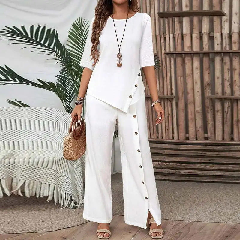 2025 Women's Irregular Hem Trousers Set Elegant Fashion Casual Buttoned Half Sleeve Shirt Loose Two-Piece Set