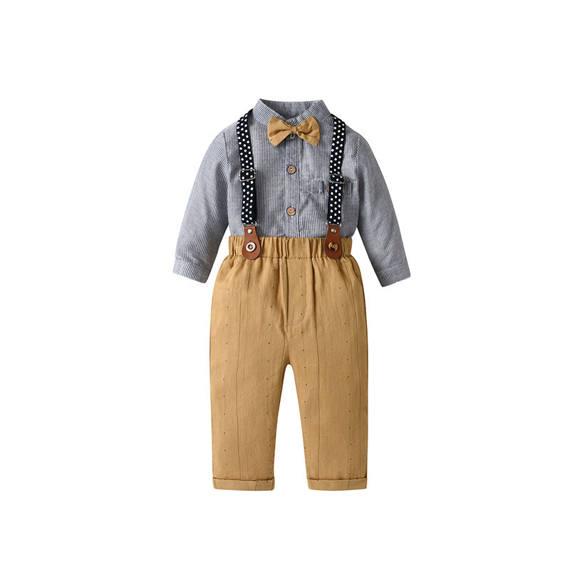 Boy's Suit Autumn Long Sleeve Children's Dress One Year Old Gentleman Dress Spring and Autumn Strap Baby Boy Two Piece Set